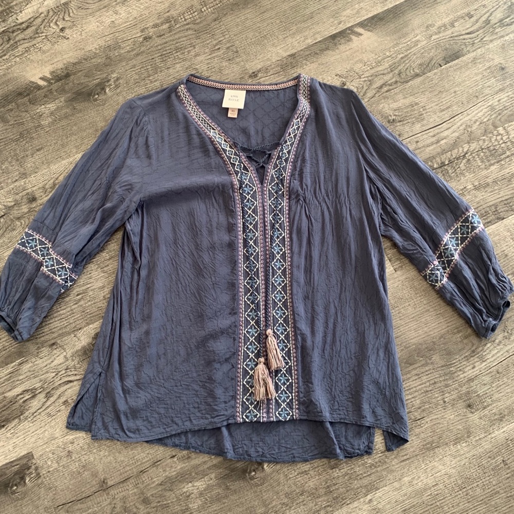 Knox Rose Long Sleeve Embroidered Top with Tassles
